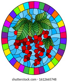 Illustration in stained glass style with red currants, clusters of ripe berries and leaves on a blue background, oval image in bright frame