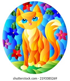 Illustration in stained glass style with a   red  cute cat on a background of meadows, bright flowers and sky, oval image  