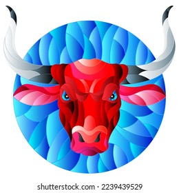 Illustration in stained glass style with red bull head,round image on white background