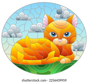 Illustration in stained glass style with a red cute cat on a background of meadows and sky, oval image