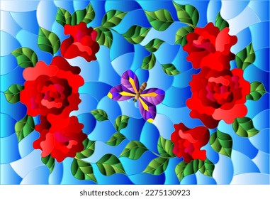 Illustration in stained glass style with red flowers and leaves of  rose, and purple butterfly on a blue background
