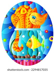 Illustration in stained glass style with red abstract cat and goldfish in the aquarium , oval picture 