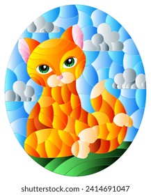 Illustration in stained glass style with a red cute cat on a background of meadows and sky, oval image