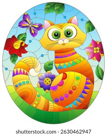 Illustration in stained glass style with a red cute cat on a background of meadows, bright flowers and sky