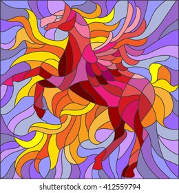 Illustration in stained glass style red horse with wings on a purple background