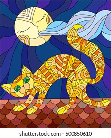 Illustration in stained glass style with red cat running across the roof of the house in the background of the moon and the sky