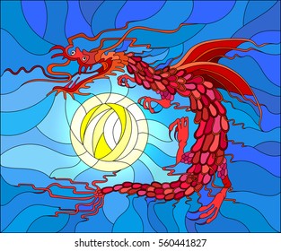 Illustration in stained glass style with red, winged dragon and a sun in the sky