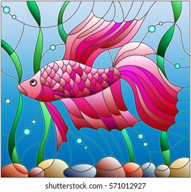 Illustration in stained glass style with red fighting fish on the background of water and algae