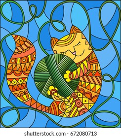 Illustration in stained glass style with red funny cat embracing a ball of green thread on a blue background