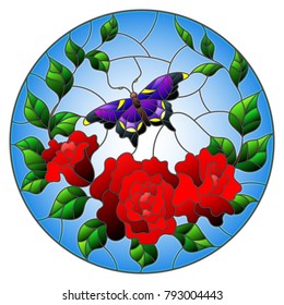 Illustration in stained glass style with red flowers and leaves of  rose, and purple butterfly round picture