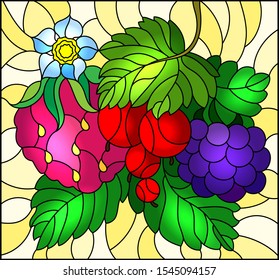 Illustration in stained glass style with ripe berries and leaves on a yellow background