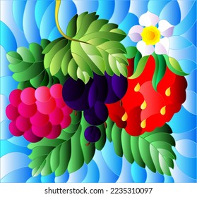 Illustration in stained glass style with ripe berries and leaves on a blue background