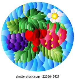 Illustration in stained glass style with ripe berries and leaves on a blue background, oval image 