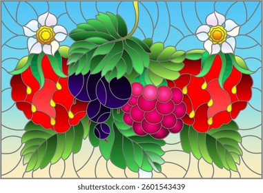 Illustration in stained glass style with ripe berries and leaves on a blue background, horizontal orientation