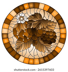 Illustration in stained glass style with ripe berries and leaves on a  oval image in frame, tone brown
