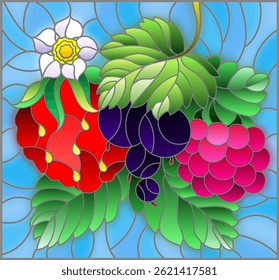 Illustration in stained glass style with ripe berries and leaves on a blue background