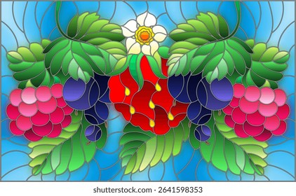 Illustration in stained glass style with ripe berries and leaves on a blue background, horizontal orientation