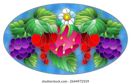 Illustration in stained glass style with ripe berries and leaves on a blue background, horizontal orientation, oval image