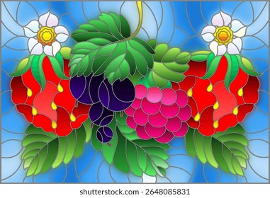 Illustration in stained glass style with ripe berries and leaves on a blue background, horizontal orientation
