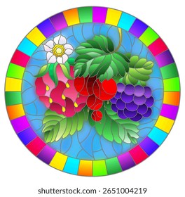 Ilustração em estilo de vidro manchado com bagas maduras e folhas em um fundo azul, imagem oval em quadro brilhante