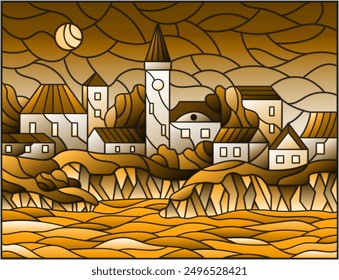 Illustration in stained glass style with river and city on the background of the daytime sky and the sun, tone brown