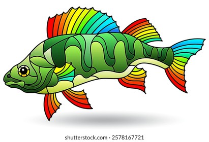 Illustration in stained glass style with river basse, fish isolated on a white background