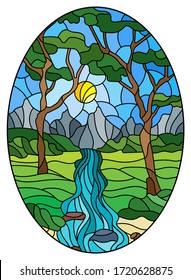 Illustration in stained glass style with a rocky Creek in the background of the Sunny sky, mountains, trees and fields