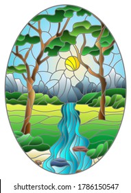 Illustration in stained glass style with a rocky Creek in the background of the Sunny sky, mountains, trees and fields