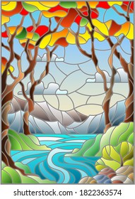 Illustration in stained glass style with a rocky Creek in the background of the Sunny sky, mountains, trees and fields,autumn landscape