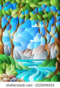 Illustration in stained glass style with a rocky Creek in the background of the Sunny sky, mountains, trees and fields