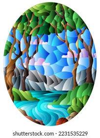 Illustration in stained glass style with a rocky Creek in the background of the Sunny sky, mountains, trees and fields