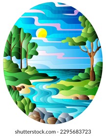 Illustration in stained glass style with a rocky Creek in the background of the Sunny sky, mountains, trees and fields