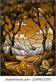 Illustration in stained glass style with a rocky Creek in the background of the Sunny sky, mountains, trees and fields, tone brown