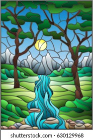 Illustration in stained glass style with a rocky Creek in the background of the Sunny sky, mountains, trees and fields