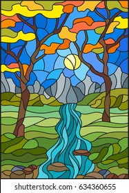 Illustration in stained glass style with a rocky Creek in the background of the Sunny sky, mountains, trees and fields,autumn landscape