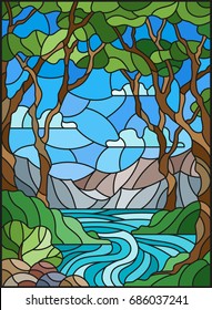 Illustration in stained glass style with a rocky Creek in the background of the Sunny sky, mountains, trees and fields