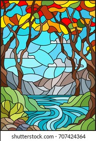 Illustration in stained glass style with a rocky Creek in the background of the Sunny sky, mountains, trees and fields,autumn landscape