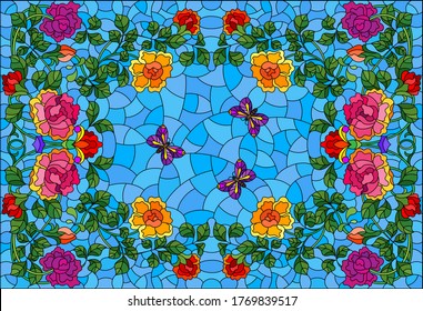 Illustration in stained glass style with rose flowers and a butterfly on a blue background