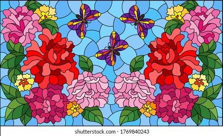 Illustration in stained glass style with rose flowers and a butterfly on a blue background