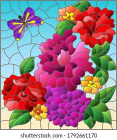 Illustration in stained glass style with rose flowers and a butterfly on a blue background