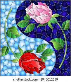 Illustration in stained glass style with rose flowers on a blue background, rectangular image