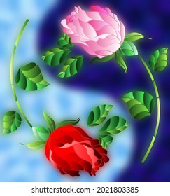 Illustration in stained glass style with rose flowers on a blue background, rectangular image