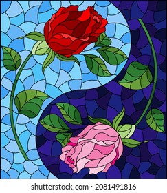 Illustration in stained glass style with rose flowers in the form of a Yin Yang sign on a blue background, rectangular image