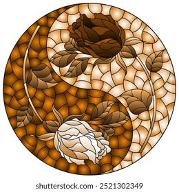 Illustration in stained glass style with rose flowers in the form of a Yin Yang sign, round image, tone brown