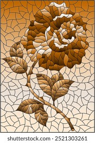 Illustration in stained glass style with a rose flower on a sky background, rectangular image, tone brown