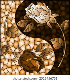 Illustration in stained glass style with rose flowers, rectangular image, tone brown