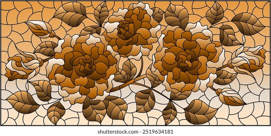 Illustration in stained glass style with a roses flowers on a sky background, rectangular image, tone brown