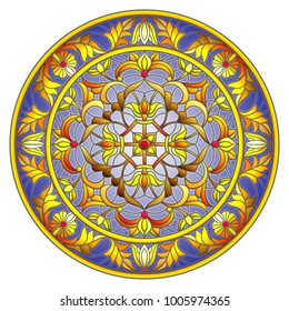 Illustration in stained glass style, round mirror image with floral ornaments and swirls on dark background 