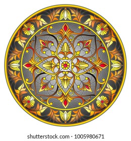 Illustration in stained glass style, round mirror image with floral ornaments and swirls on dark background 