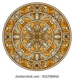 Illustration in stained glass style, round mirror image with floral ornaments and swirls,brown tone ,sepia 
